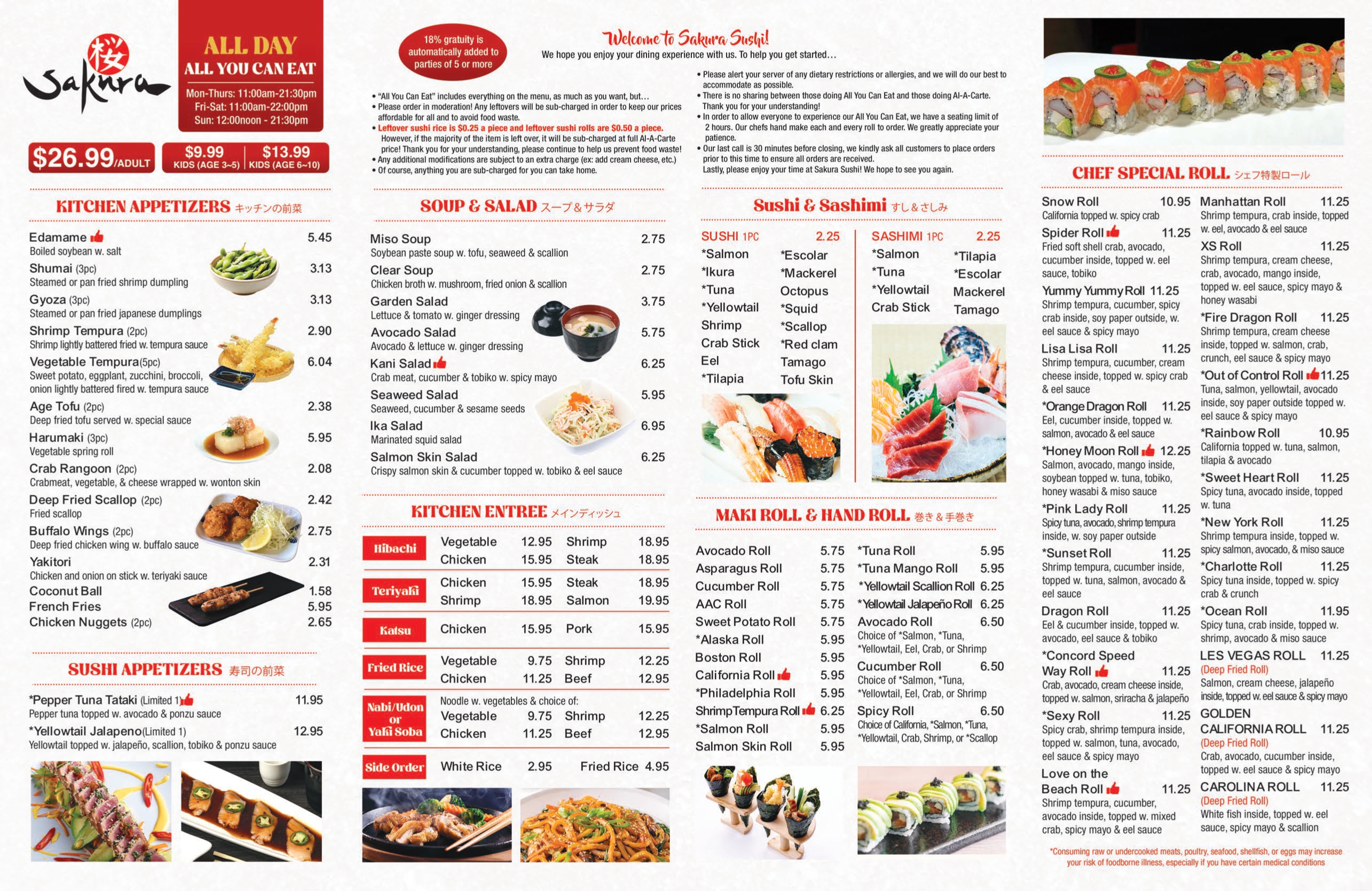 ALL YOU CAN EAT MENU $26.99